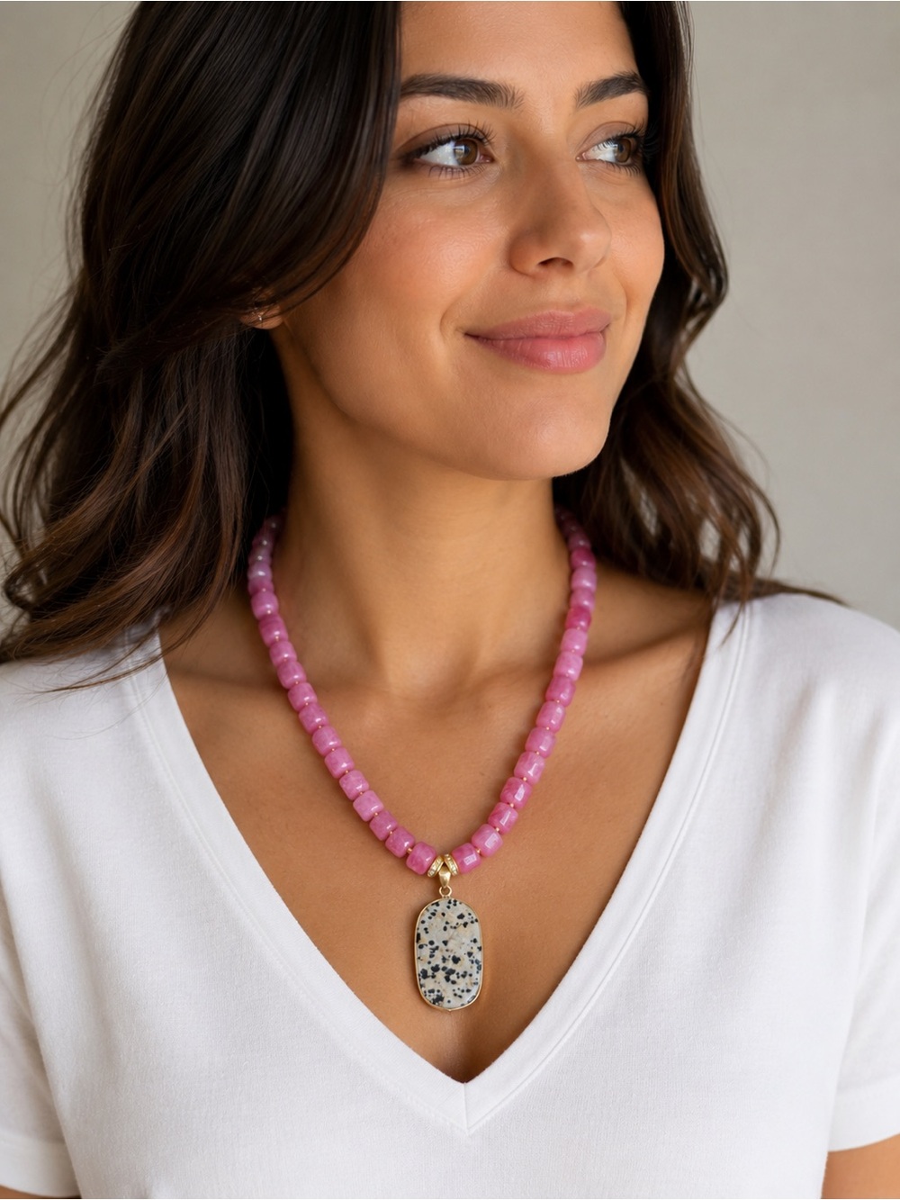 Strawberry Quartz  Beaded Necklace with Dalmatian Jasper Charm